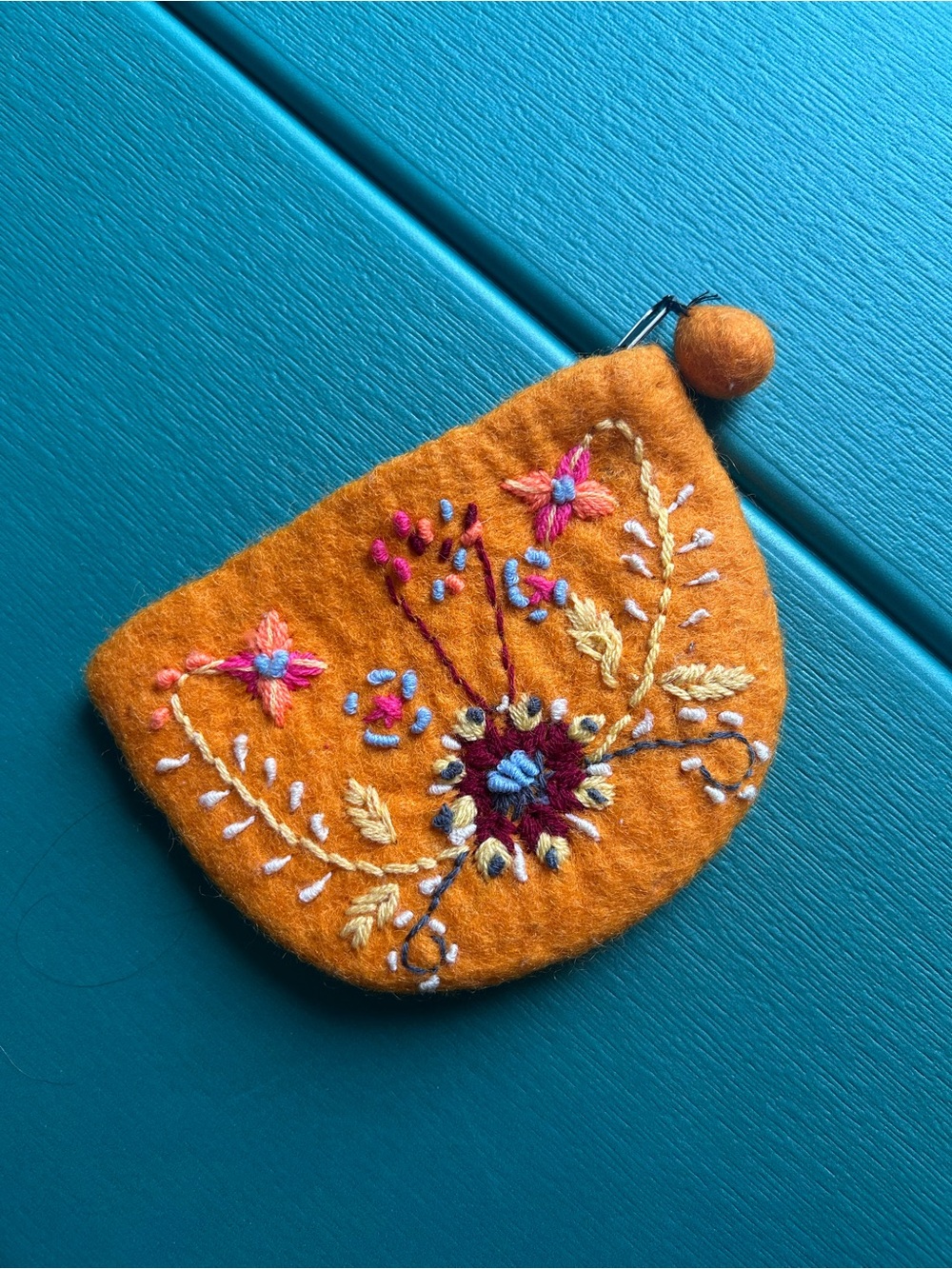 Boiled wool Embroidered Coin Pouch - bright orange